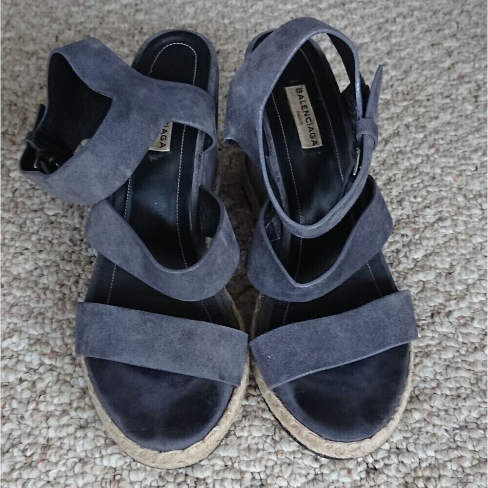 Balenciaga Grey Suede Three Strap Espadrille Wedge Sandals size 9